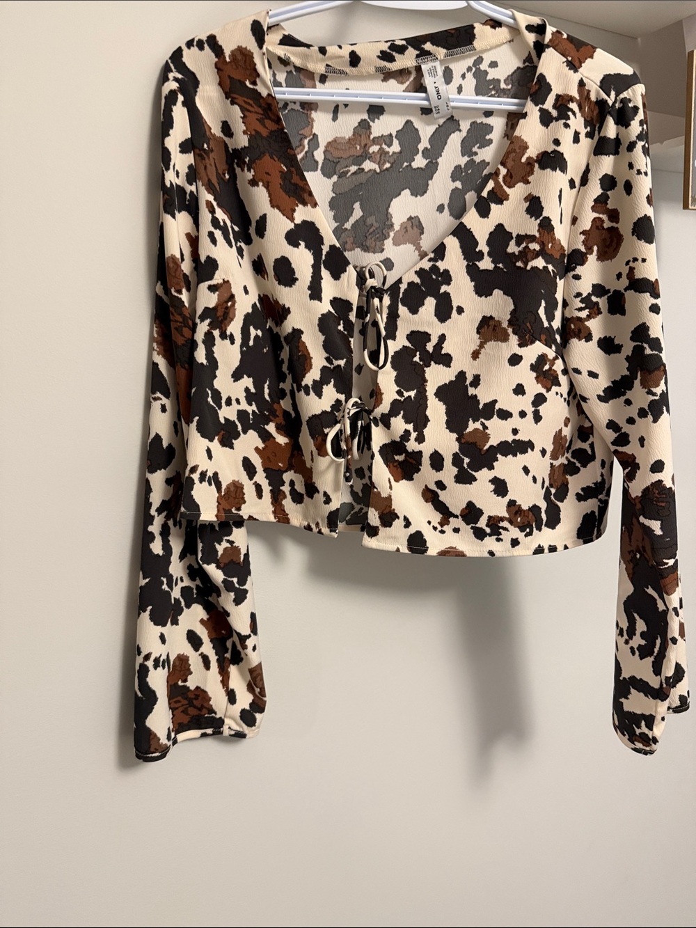 Only Cow-Print Tie-Front Crop Top - Cream, Brown, Black